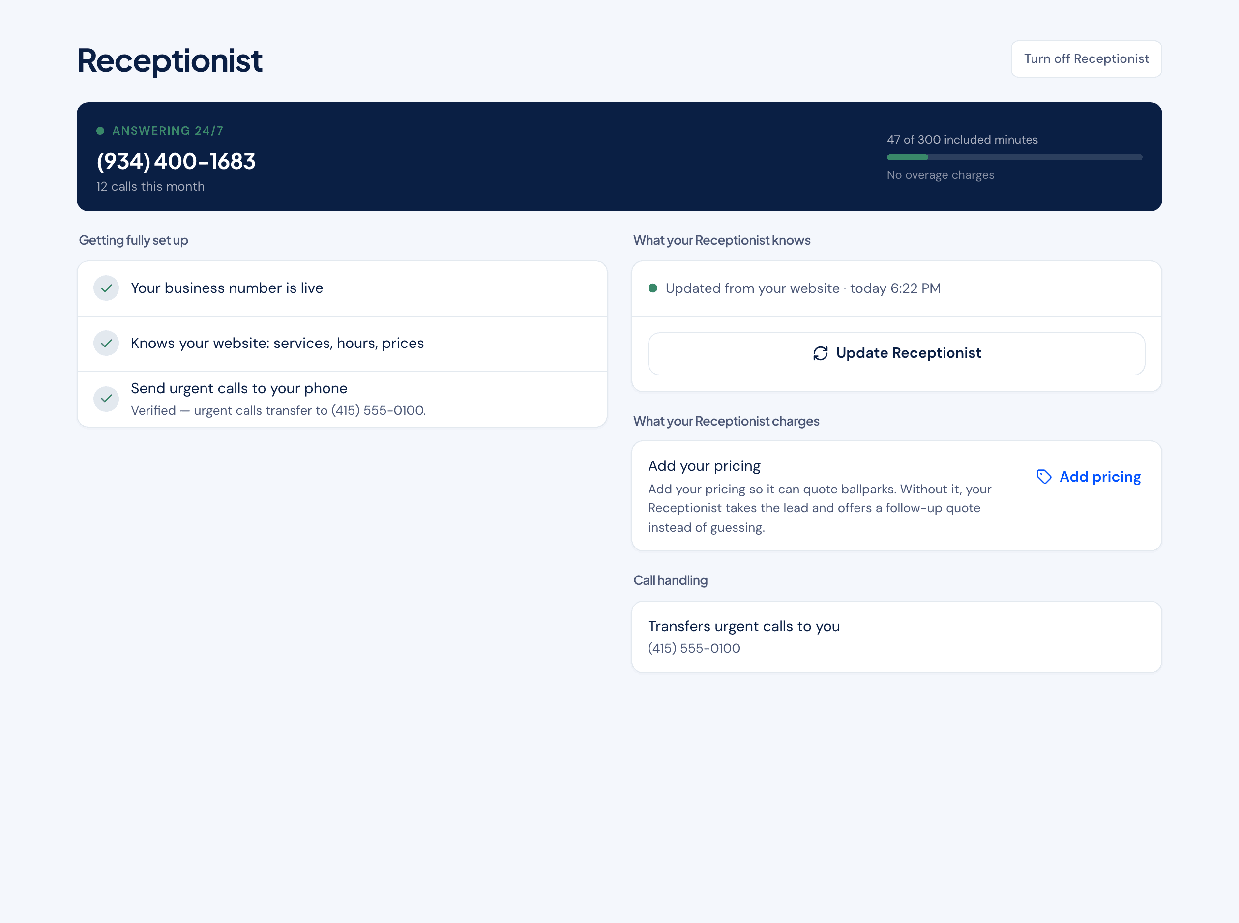 The Fasite customer portal: an AI receptionist answering calls 24/7, with calls handled and minutes used this month