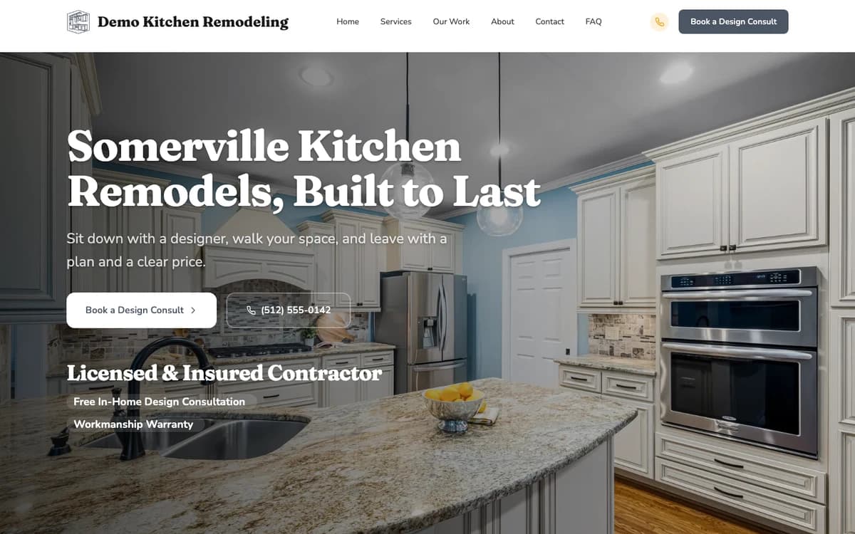 The fold of Demo Kitchen Remodeling, a contracting website generated by Fasite: headline, phone number and a Book a Design Consult button over a photo of a finished kitchen