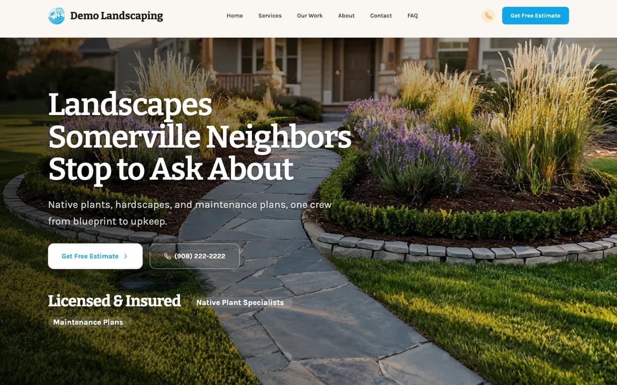 The fold of Demo Landscaping, a landscaping website generated by Fasite: headline, phone number and a Get Free Estimate button over a photo of a planted walkway