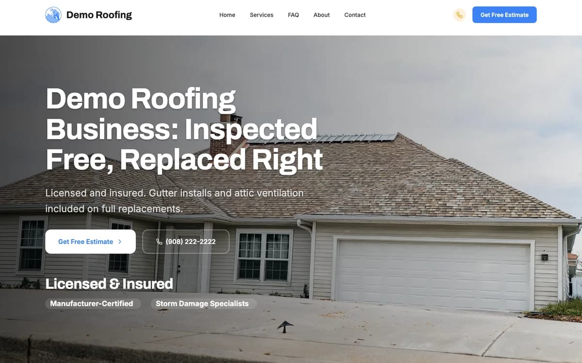 The fold of Demo Roofing, a roofing website generated by Fasite: headline, phone number and a Get Free Estimate button over a photo of a shingled roof