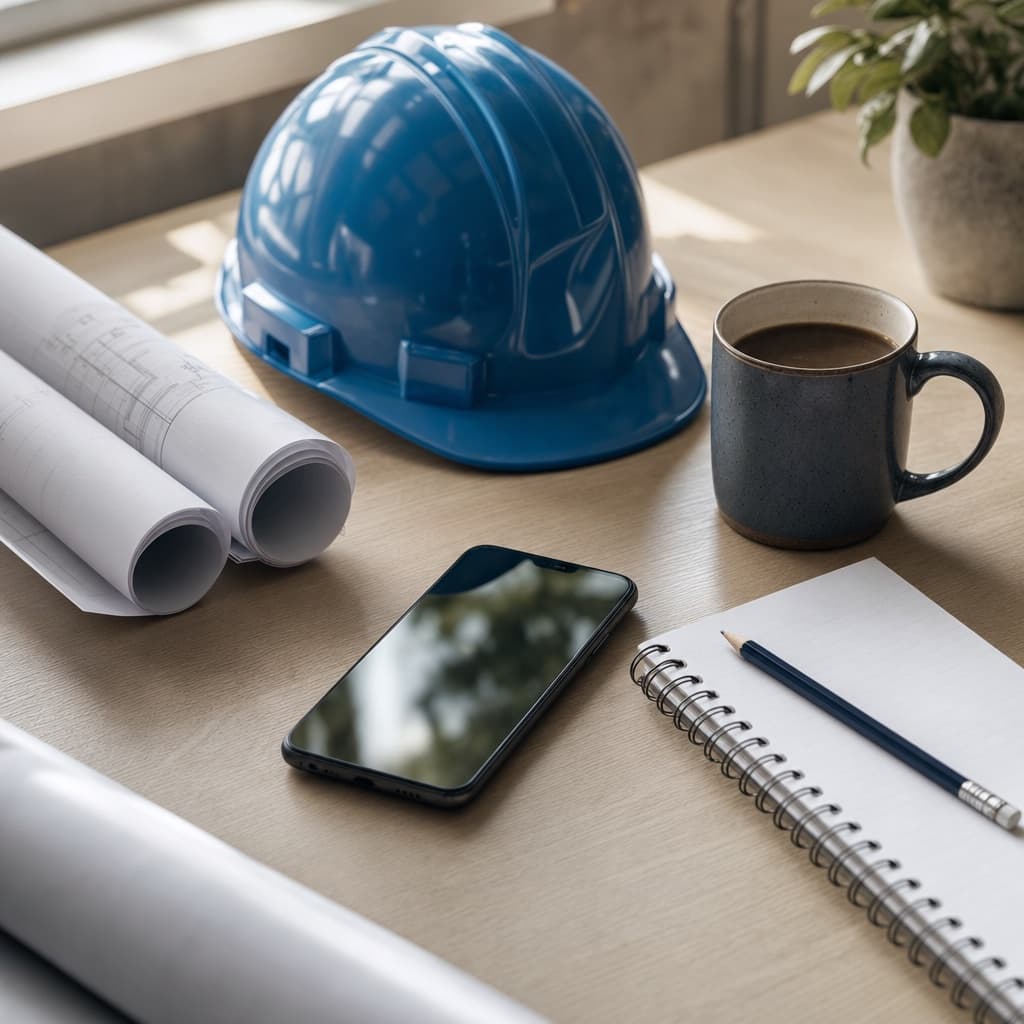 A contractor's desk with hard hat, blueprints, and phone