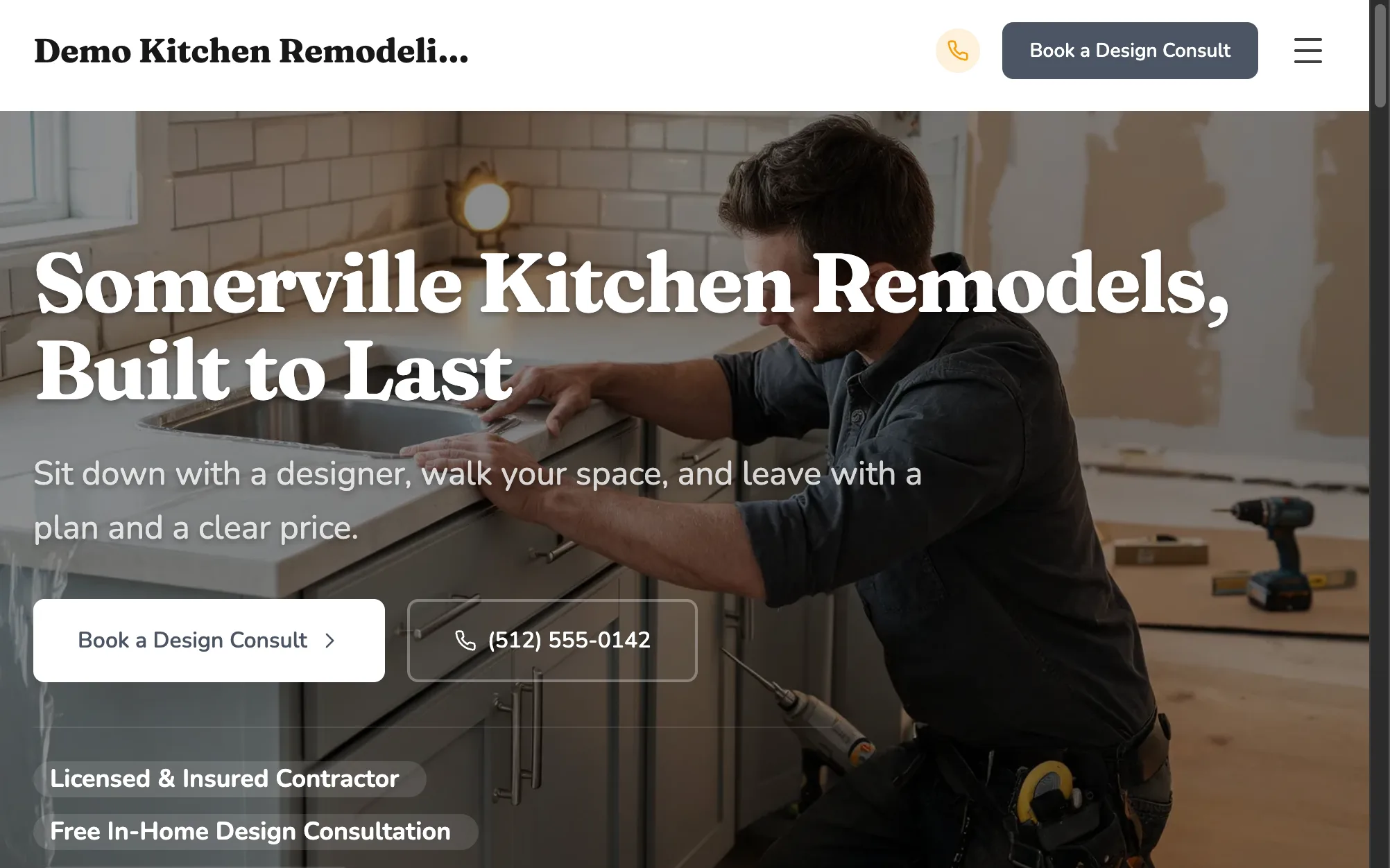 Demo Kitchen Remodeling, a live kitchen remodeling site built by Fasite