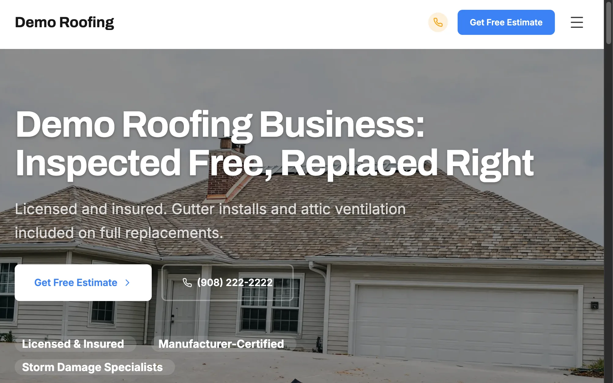 Demo Roofing, a live roofing site built by Fasite
