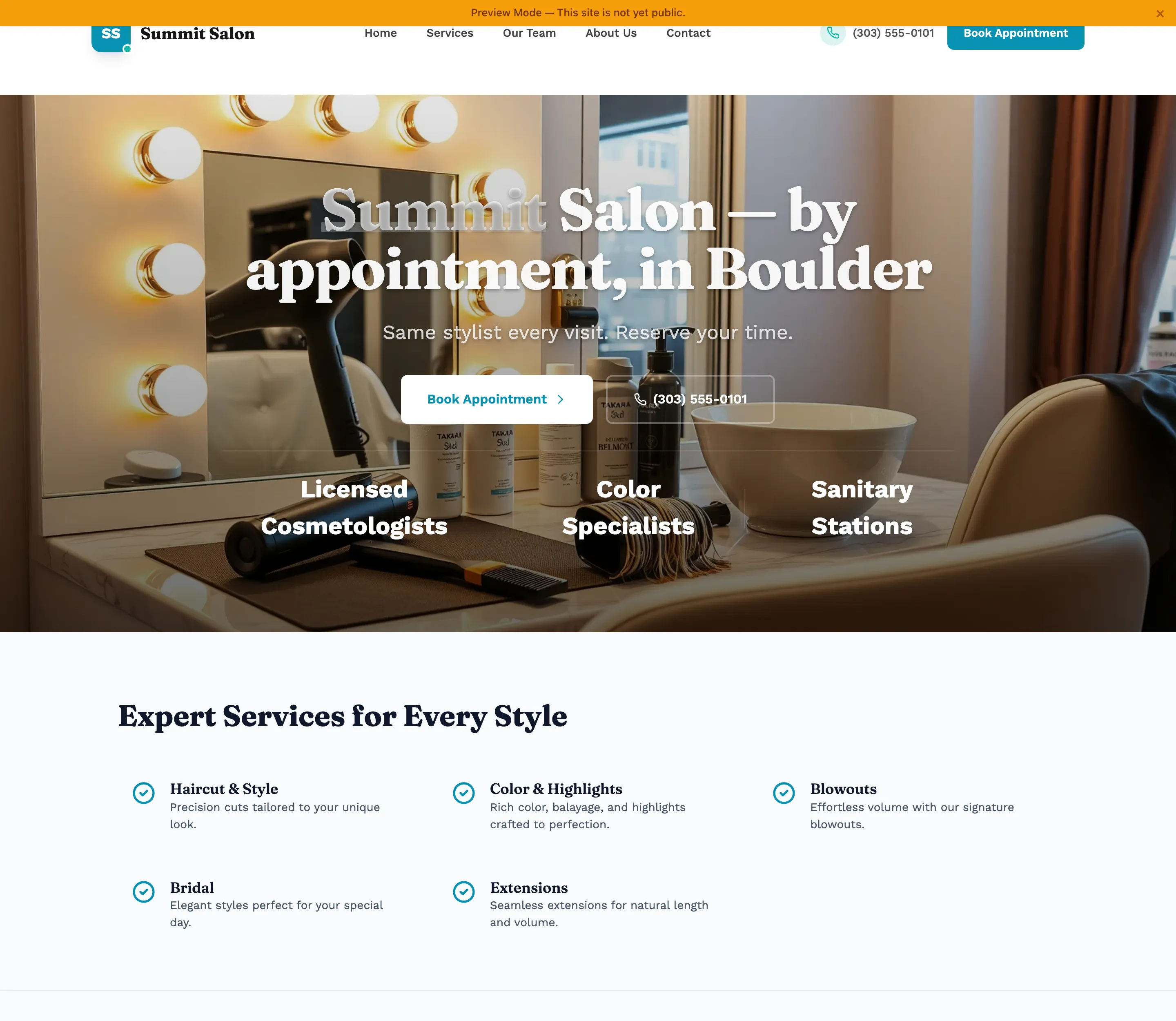 Hair salon site generated by Fasite