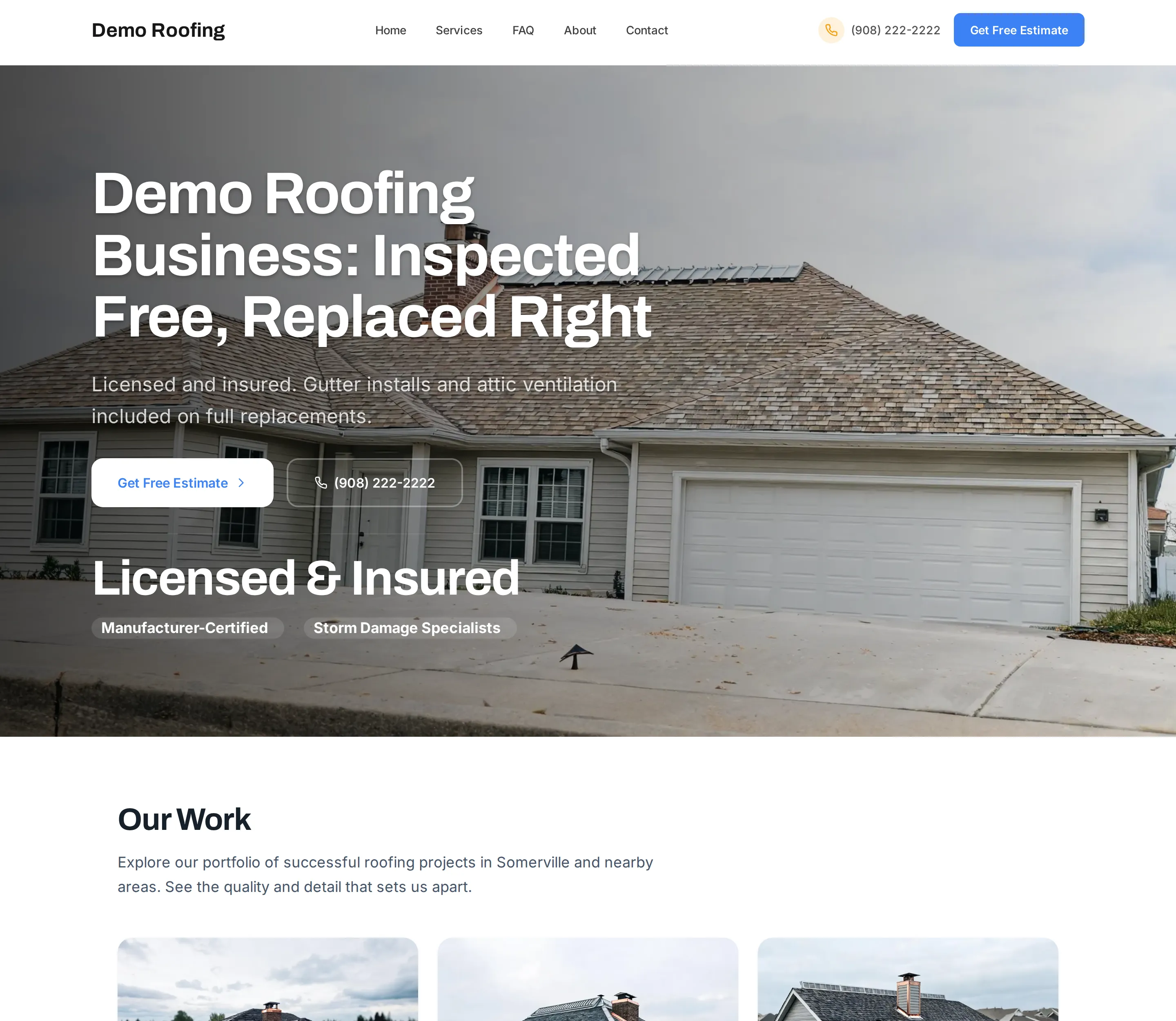 Demo Roofing, a live roofing site built by Fasite